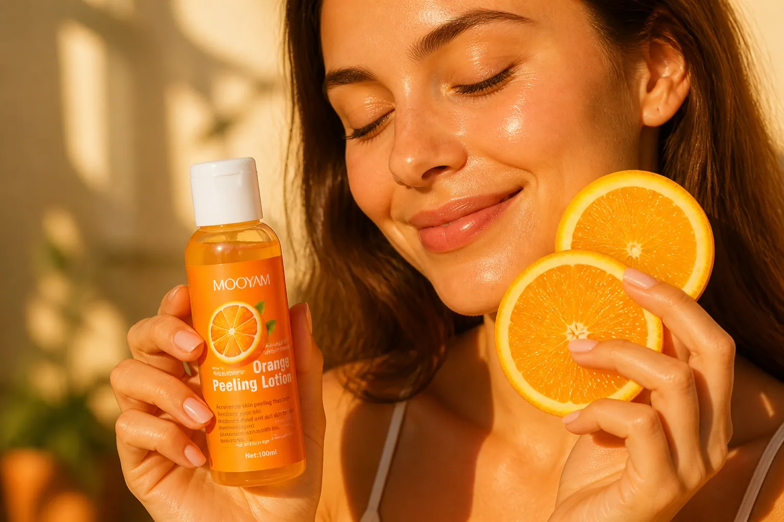 Woman with smooth glowing skin holding fresh orange slices in warm golden hour lighting, soft focus background