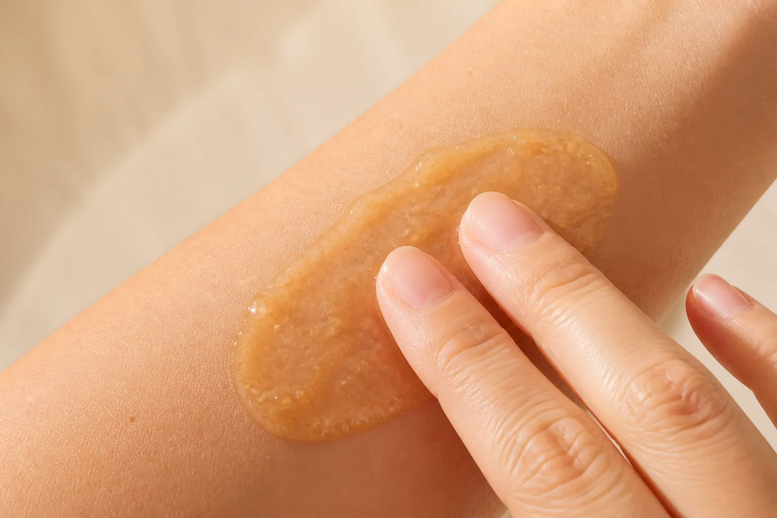 Hands demonstrating gentle circular massage motion applying skincare product on arm with soft focus