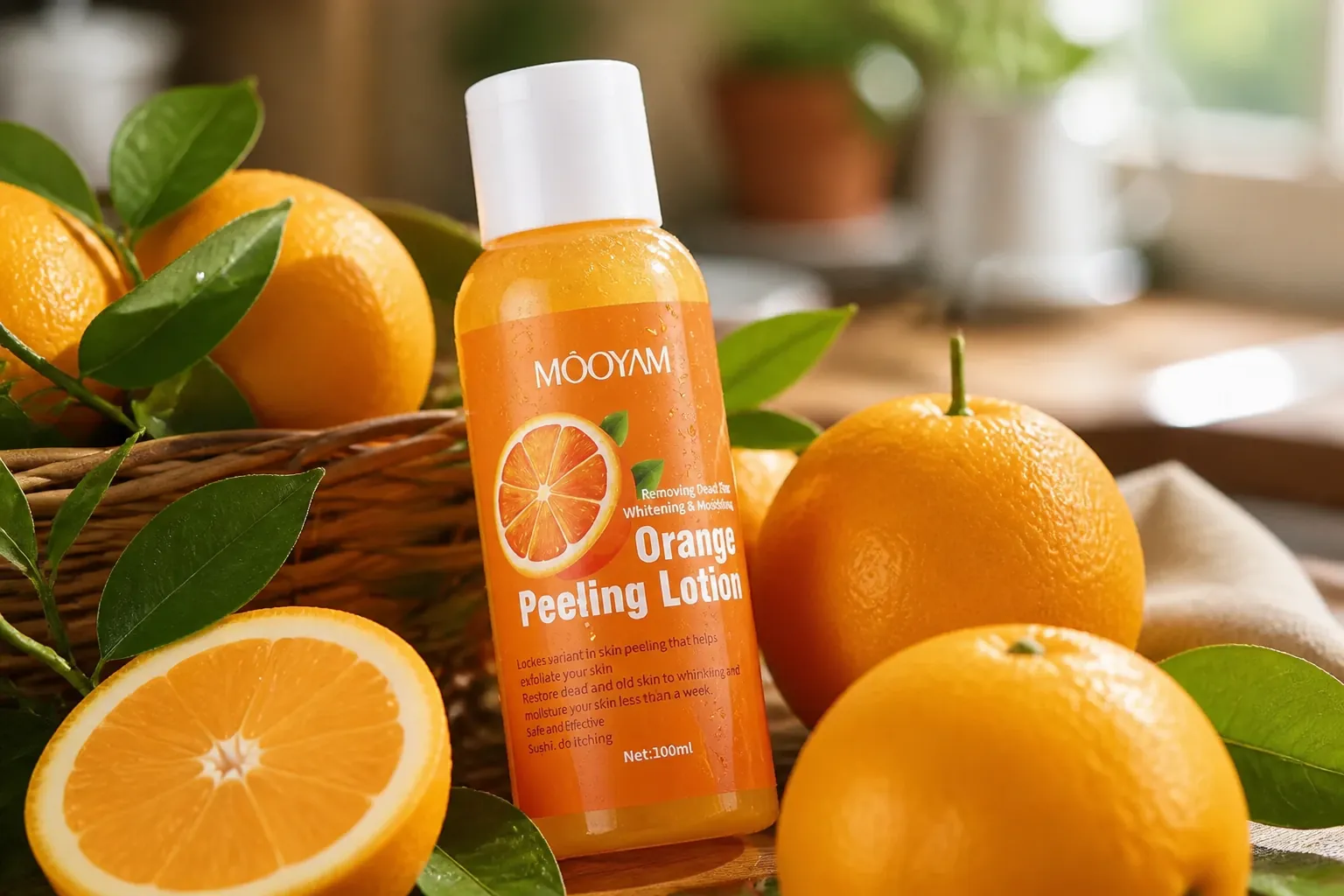 Fresh citrus orange scent being enjoyed with beautiful orange fruit arrangement for skincare aroma