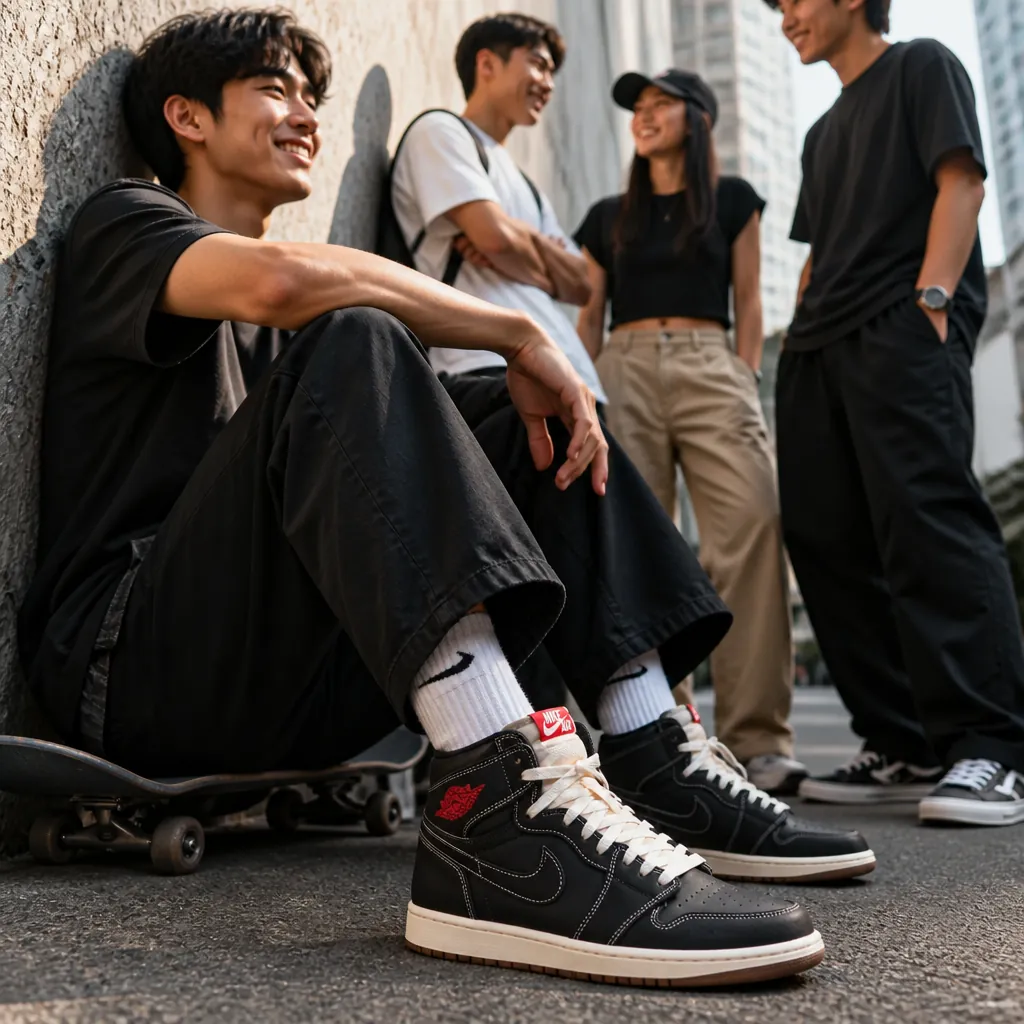 Diverse group of confident young adults wearing Jordan sneakers, gathered in an urban setting with confident poses and genuine smiles, celebrating their shared passion