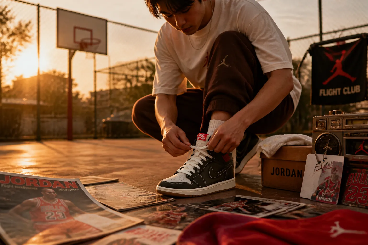 Cinematic wide shot of a basketball court at golden hour with Jordan memorabilia scattered around, evoking 80s nostalgia and the spirit of Flight Club membership