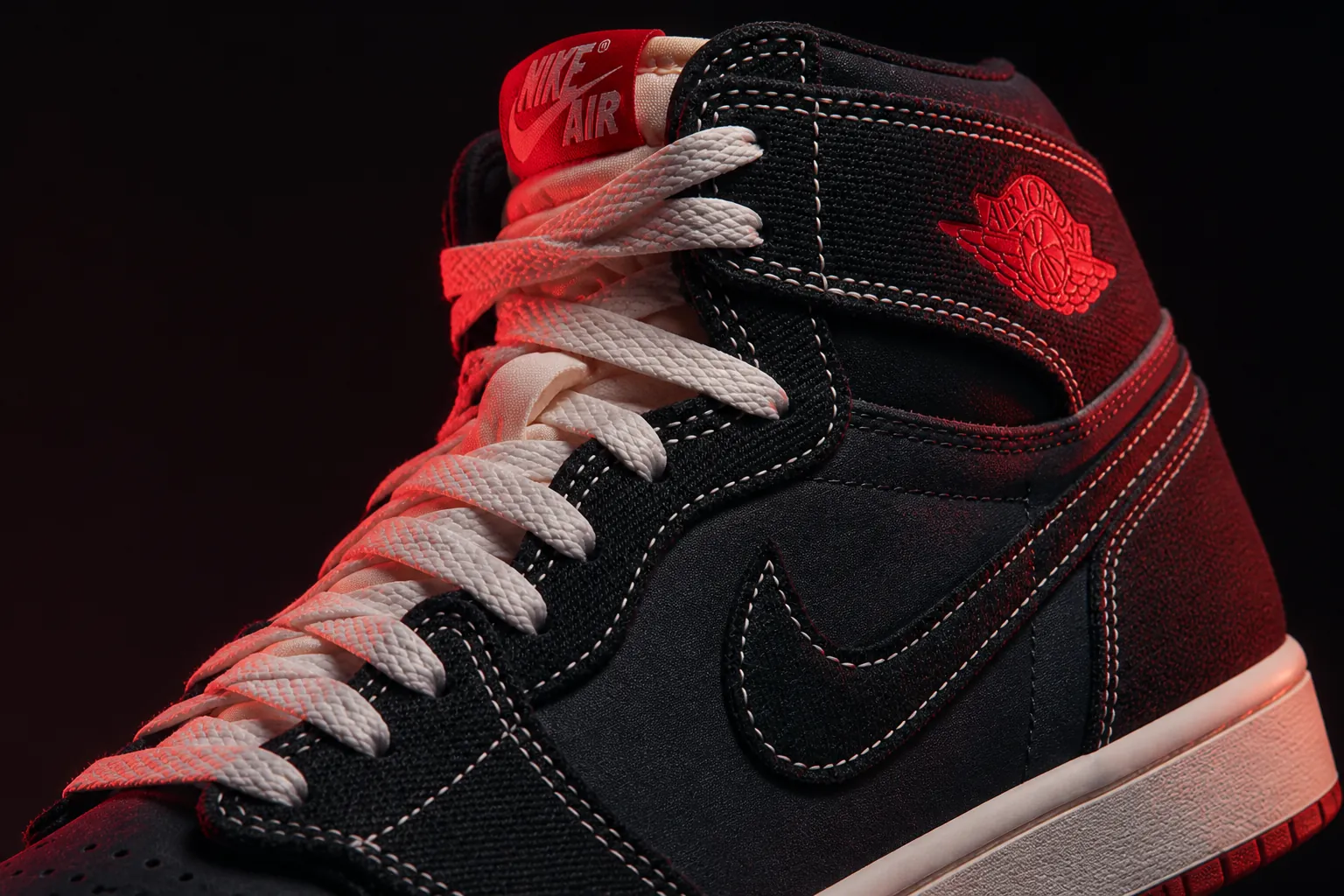 Powerful close-up shot of Air Jordan 1 Flight Club on a dramatic black background with emotional red accent lighting, product positioned heroically