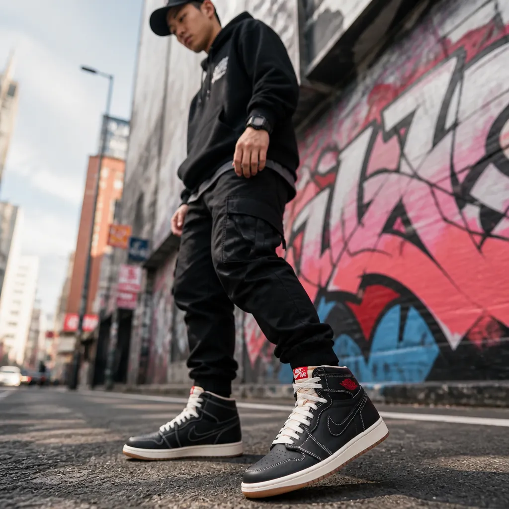 Urban street style scene showing someone confidently walking with their Jordan collection, city backdrop with graffiti art elements, contemporary fashion photography