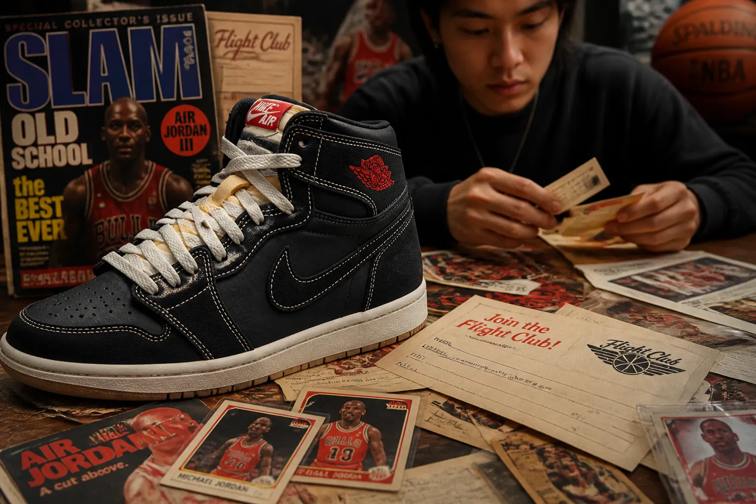 Vintage collage of 1980s Jordan memorabilia including old magazines, trading cards, and Flight Club mail-in forms arranged in a nostalgic scrapbook style