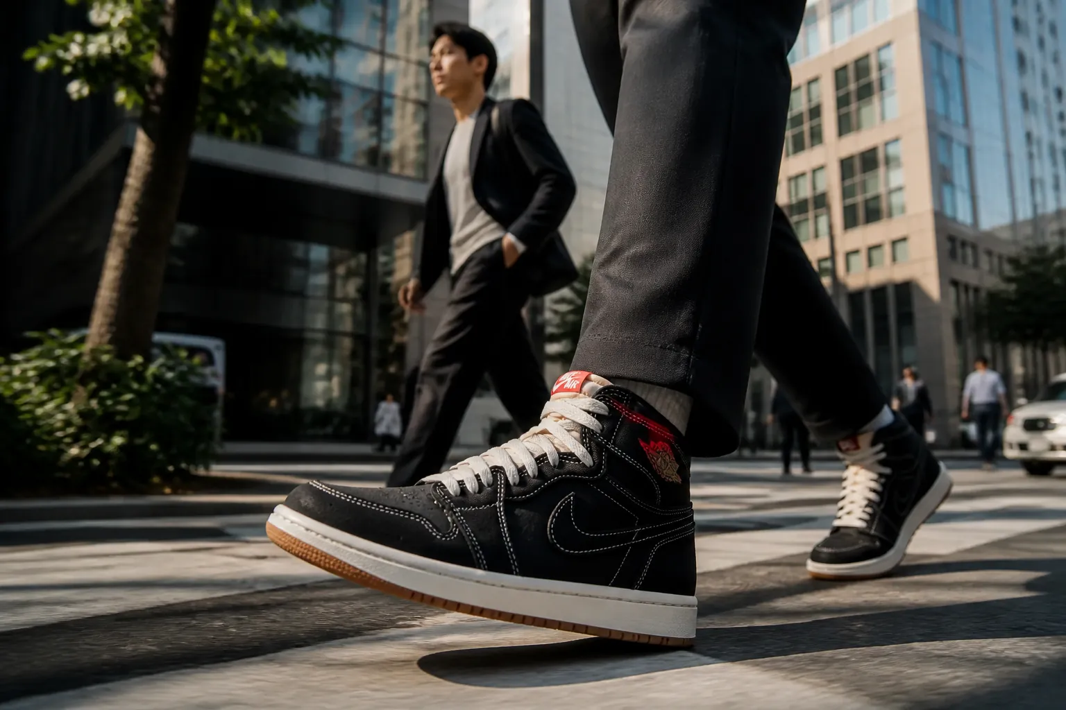 Confident young professional in smart casual attire confidently walking, clearly visible premium sneakers on feet, city backdrop with dramatic lighting, empowerment and success visual