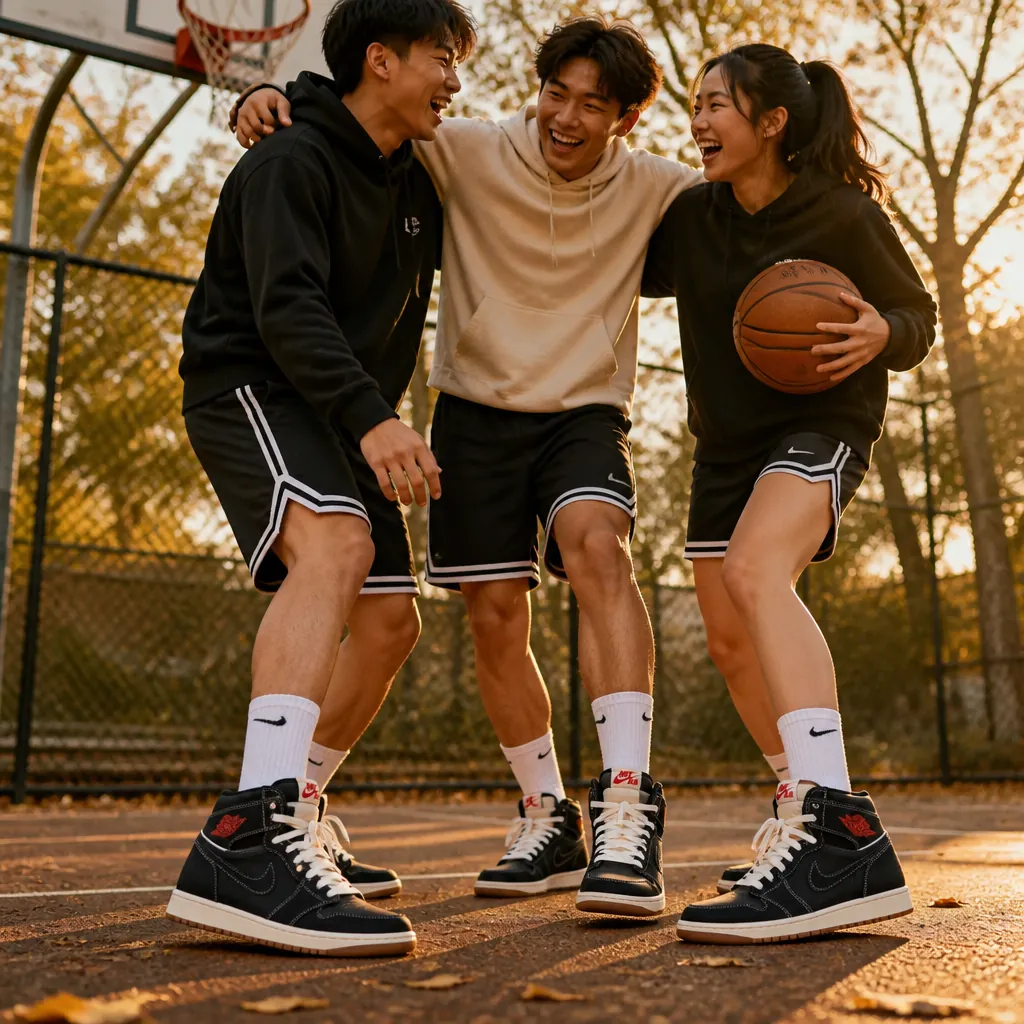 Three friends laughing and celebrating while wearing their Jordan sneakers, outdoor basketball court in the background with warm golden-hour lighting