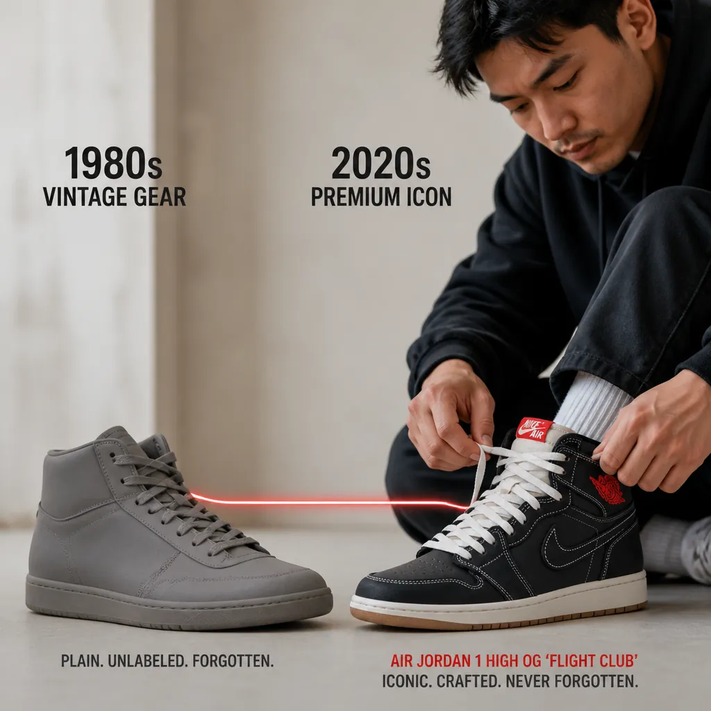 Side-by-side comparison showing the evolution from vintage 1980s Jordan gear to the modern premium Air Jordan 1 High OG, connected by a glowing red line