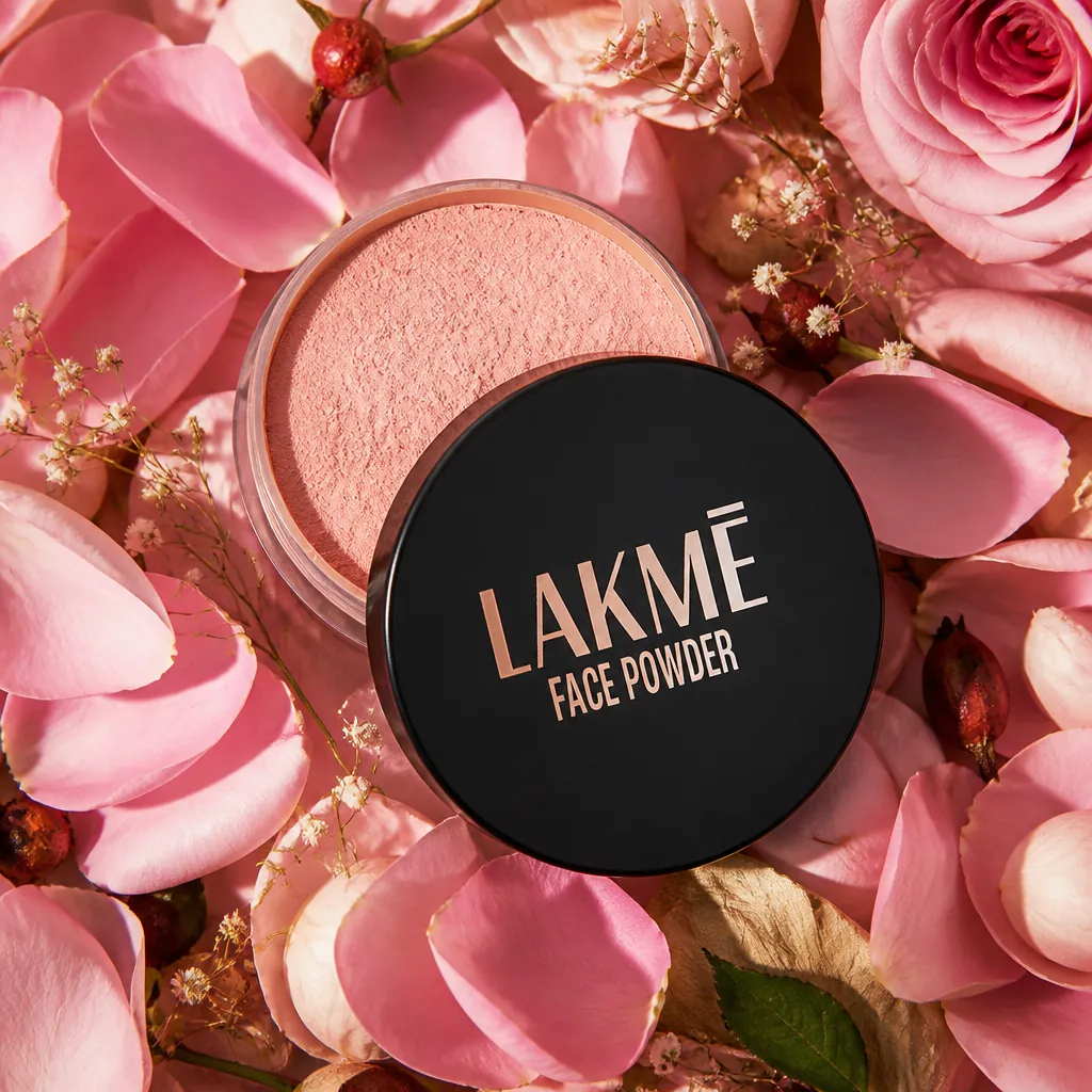 Close-up macro photography of fresh rose petals with botanical elements and soft natural lighting, showing the natural ingredients that go into Lakm&eacute; Forever Matte powder