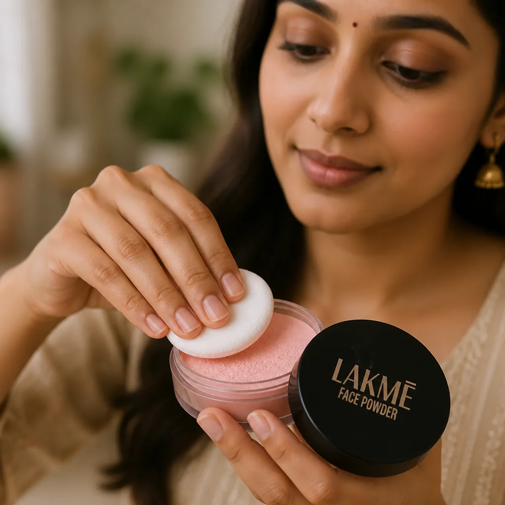 Woman gently pressing a powder puff onto the Lakm&eacute; Forever Matte compact powder compact, showing the first application step with soft upward pressing motion