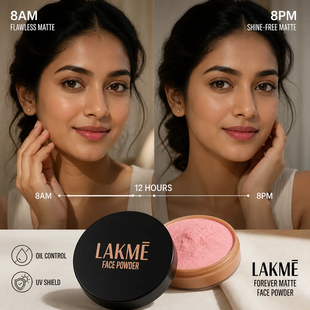 Split comparison showing a woman's face at 8AM with flawless matte skin on the left and the same woman at 8PM still maintaining a shine-free matte finish on the right, with a timeline showing the 12-hour progression between morning and evening