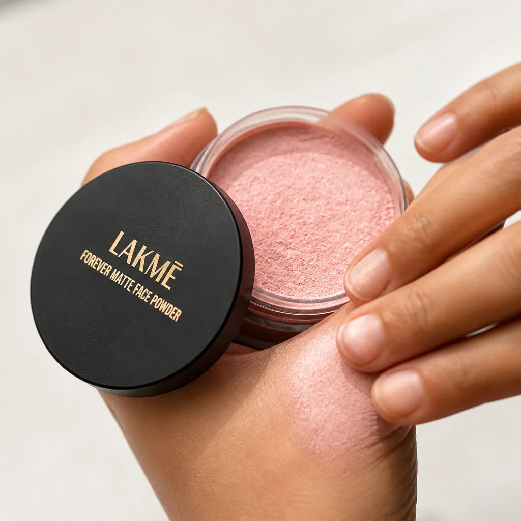 Close-up of fingertips blending powder seamlessly into skin using circular buffing motions, showing the smooth blending technique for natural matte finish
