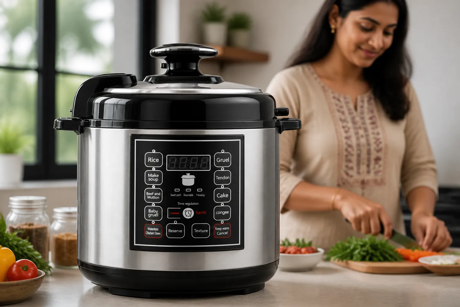 Elegant product photography of 5L pressure cooker with modern design showcasing LCD display and sleek finish