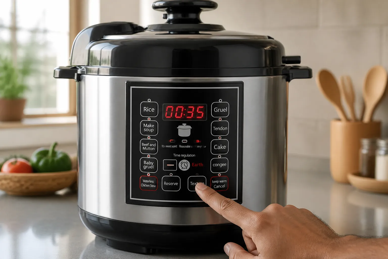 Finger pressing buttons on a modern pressure cooker LCD display panel showing digital timer settings