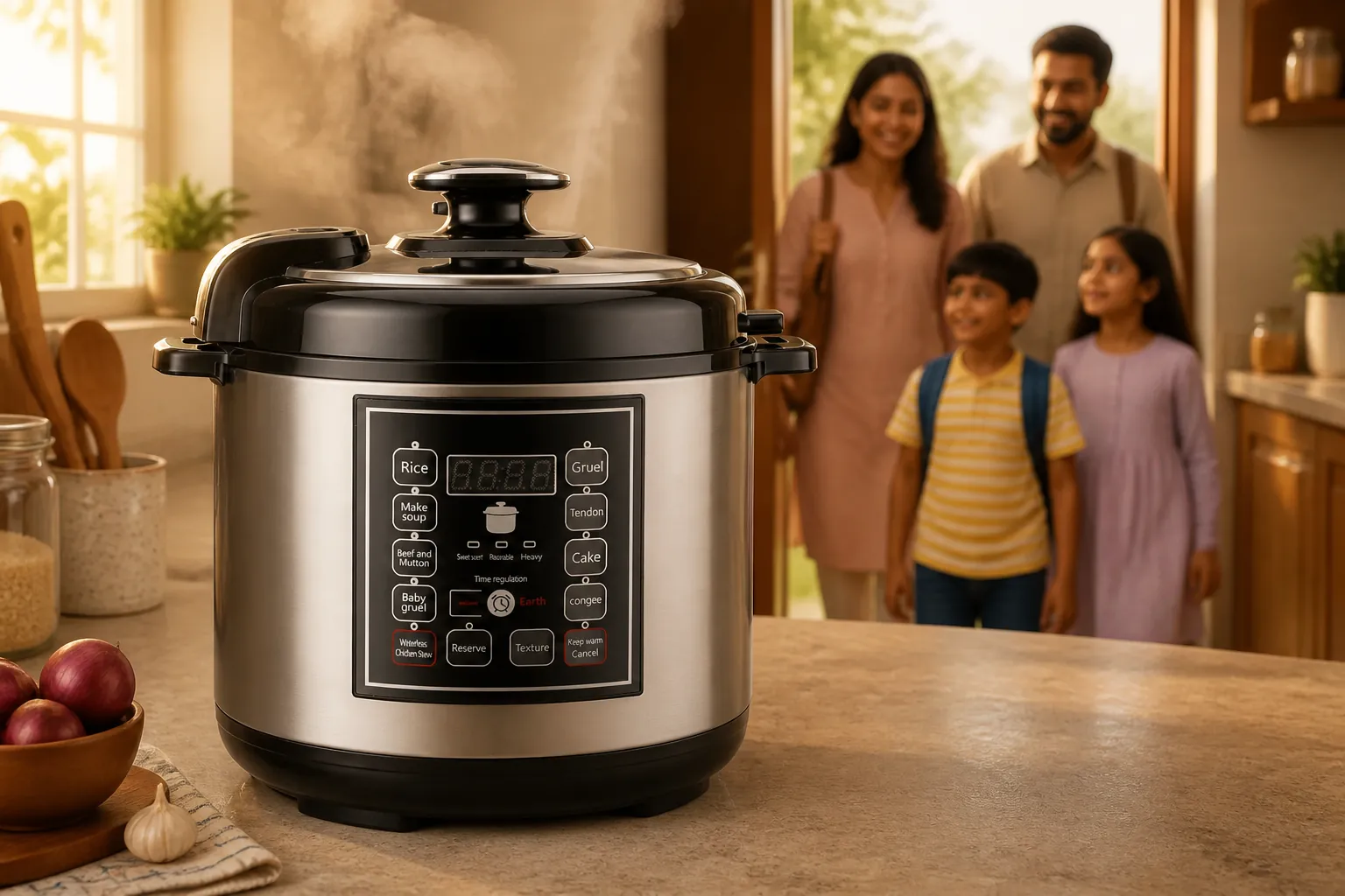 Family walking through door greeted by aroma of perfectly cooked meal in pressure cooker on kitchen counter