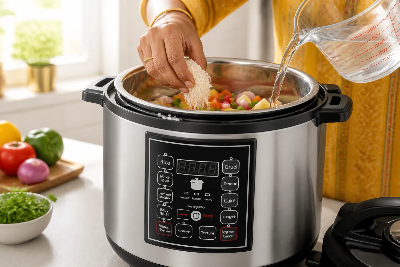Hands placing fresh rice and vegetables into a clean modern pressure cooker pot with water being added