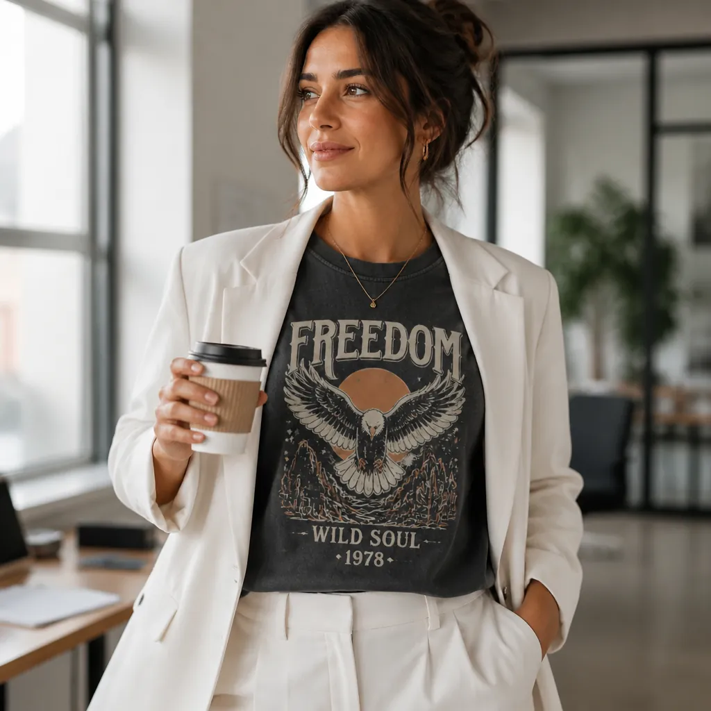 Smart casual office look woman wearing t-shirt with blazer and tailored trousers looking professional yet relaxed