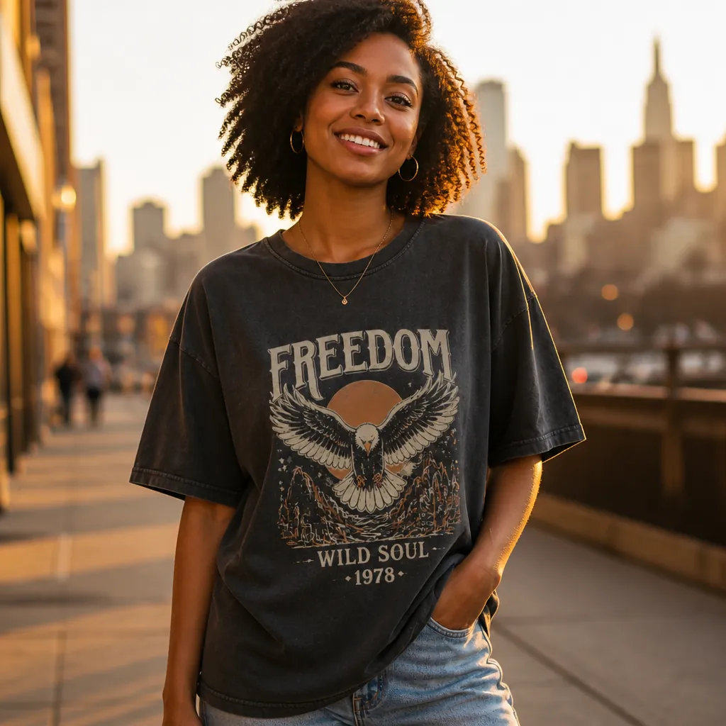 Confident woman wearing premium t-shirt in golden hour light with cityscape backdrop