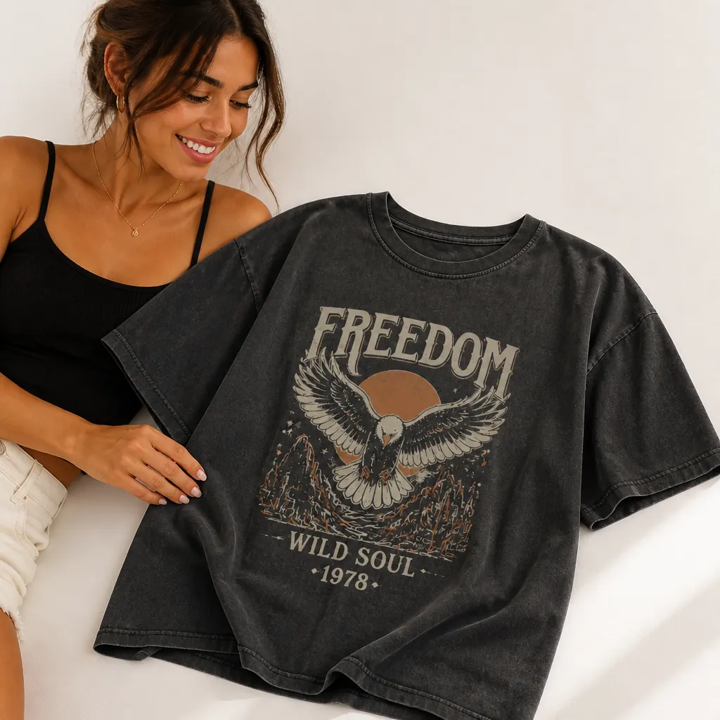 Single beautiful premium t-shirt looking fresh elegant and well-crafted on display with warm lighting