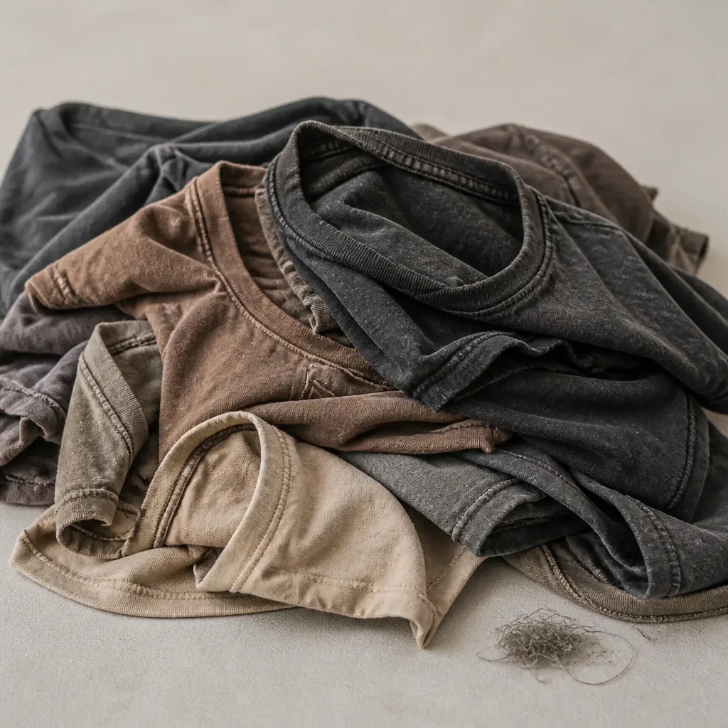 Pile of worn out low quality t-shirts with faded colors and stretched shapes showing poor quality basics