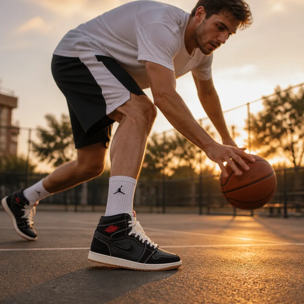 Athletic person wearing Air Jordan 1 High OG playing basketball on an outdoor court during golden hour with warm sunset lighting