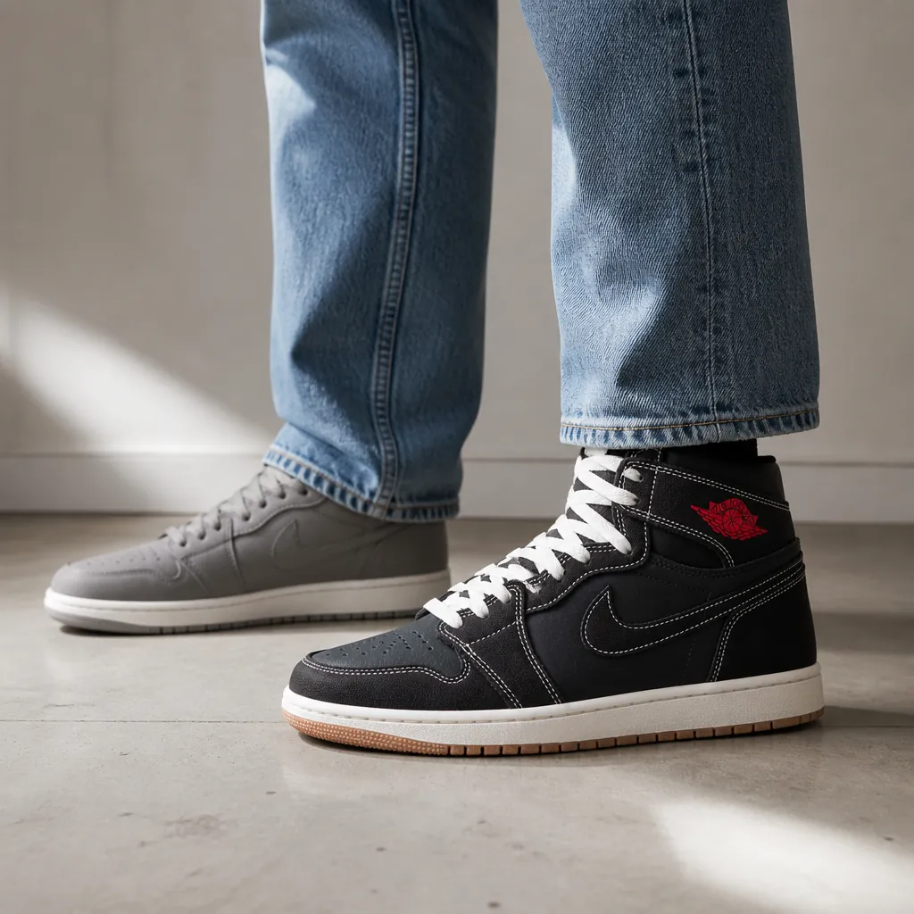 Before transformation: person wearing basic generic white sneakers with casual but unremarkable outfit consisting of plain jeans and simple t-shirt in neutral colors