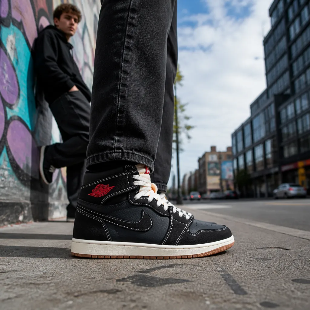 Young urban sneaker enthusiast wearing Air Jordan 1 High OG Flight Club standing on a city sidewalk with a blurred urban background showing street art and modern architecture