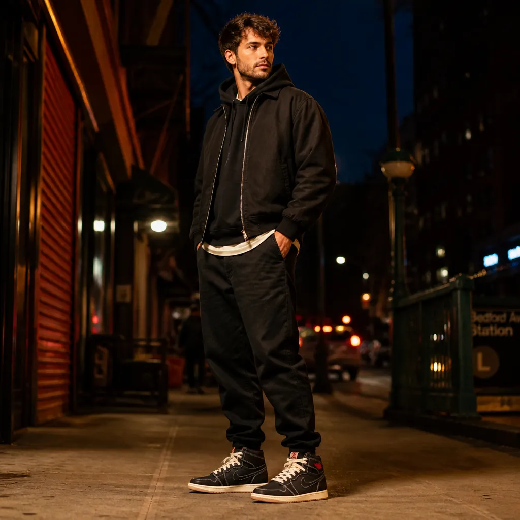 After transformation: same person now exuding confidence wearing Air Jordan 1 High OG Flight Club with a stylish streetwear outfit, standing in an urban setting with dramatic lighting highlighting the complete look upgrade