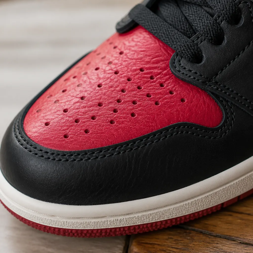 Extreme close-up macro shot of Air Jordan 1 leather texture showing premium tumbled leather panels with visible perforations for breathability and intricate stitching details in red and black colorway