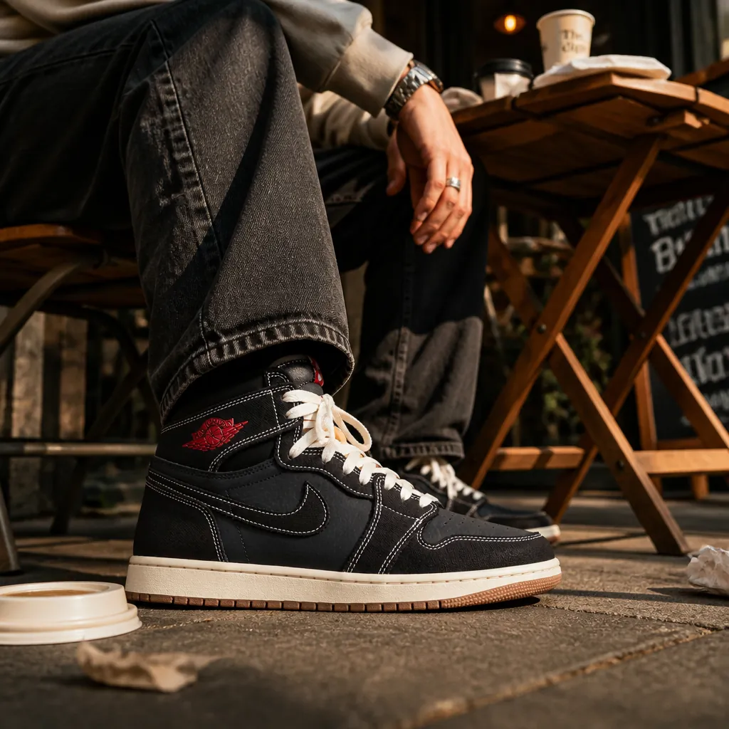 Stylish person in casual streetwear outfit with Air Jordan 1s at a trendy coffee shop outdoor seating area with warm natural lighting