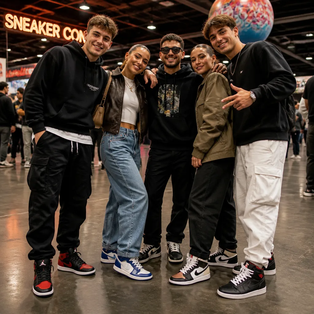 Group of friends taking a photo together at a sneaker convention, all wearing their favorite Air Jordan 1 colorways with vibrant convention hall background