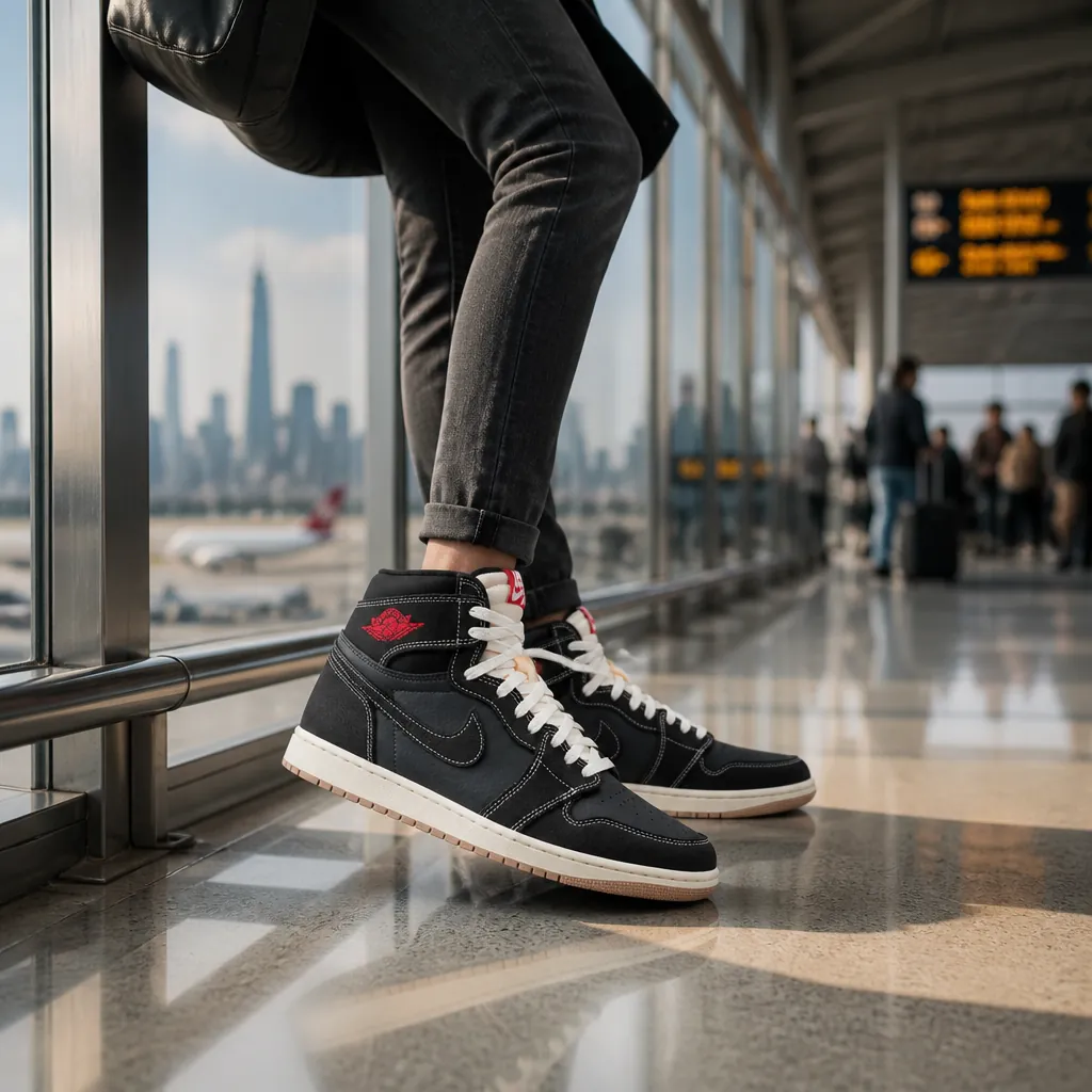 Travel blogger with comfortable sneaker style wearing Air Jordan 1s at an airport terminal with city skyline visible through large windows