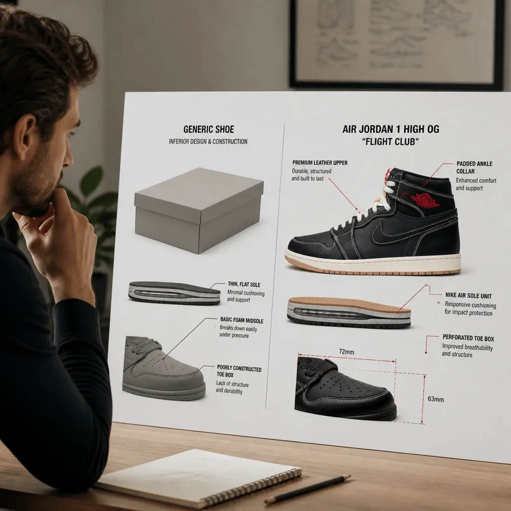 Technical product diagram of Air Jordan 1 High OG showing detailed callouts for Nike Air sole technology, premium leather upper construction, padded ankle collar, and perforated toe box with measurement guidelines