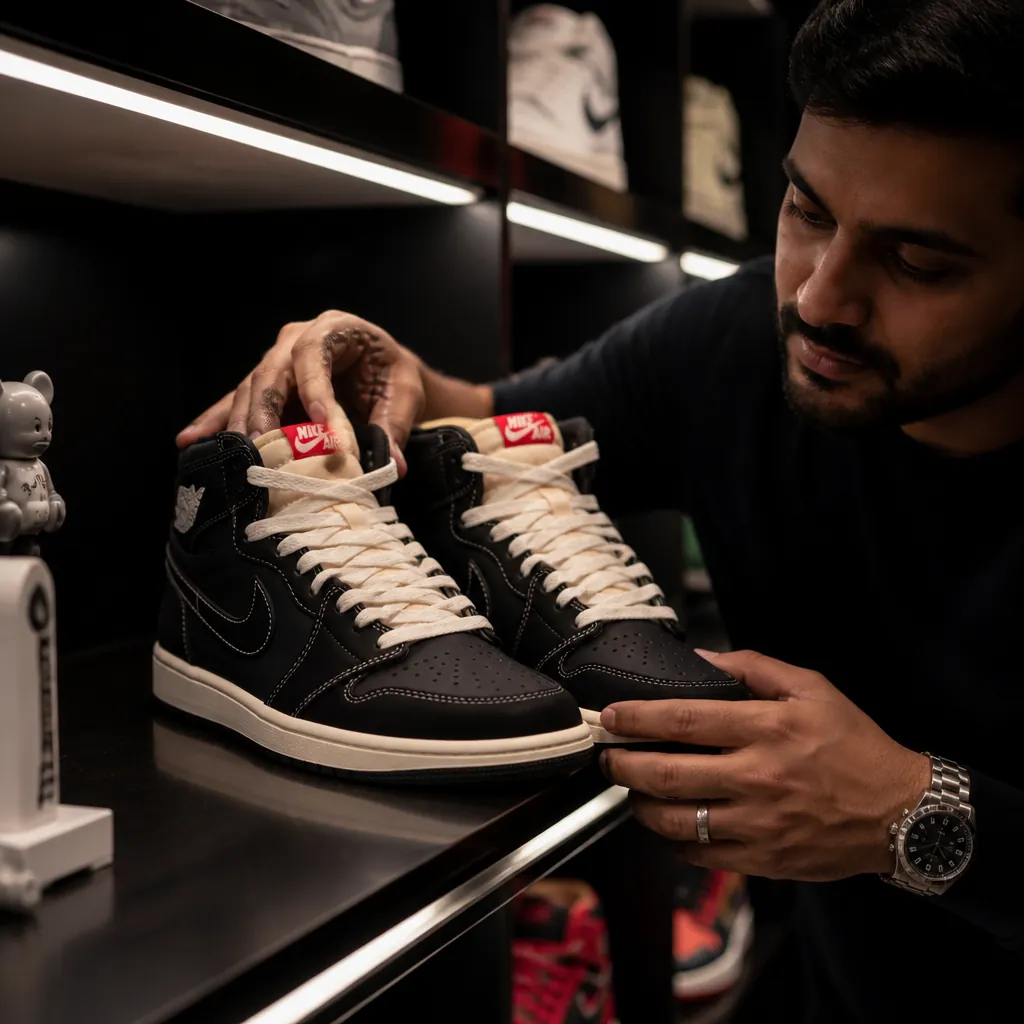 Collector displaying rare Air Jordan Flight Club sneakers on premium display shelf with LED lighting