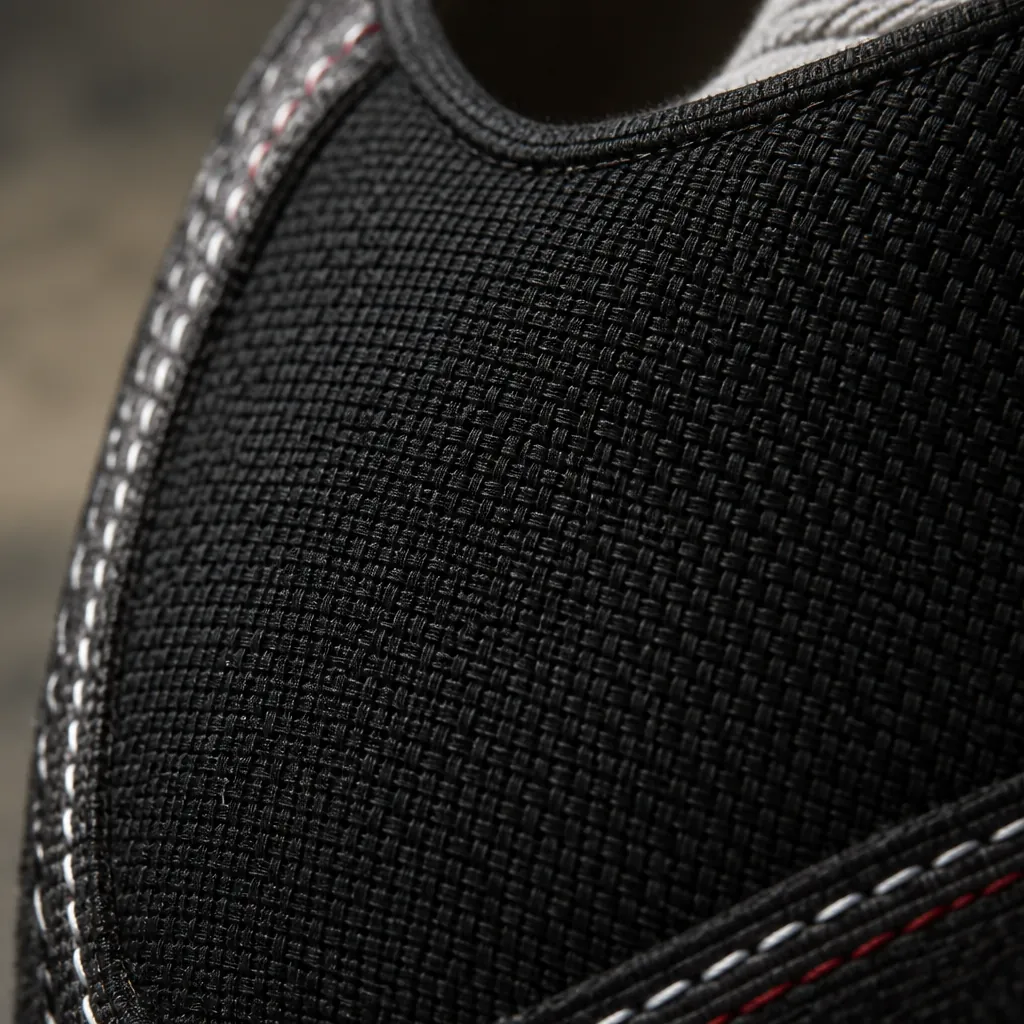 Close-up macro photograph of premium black woven textile upper with intricate crosshatch pattern texture