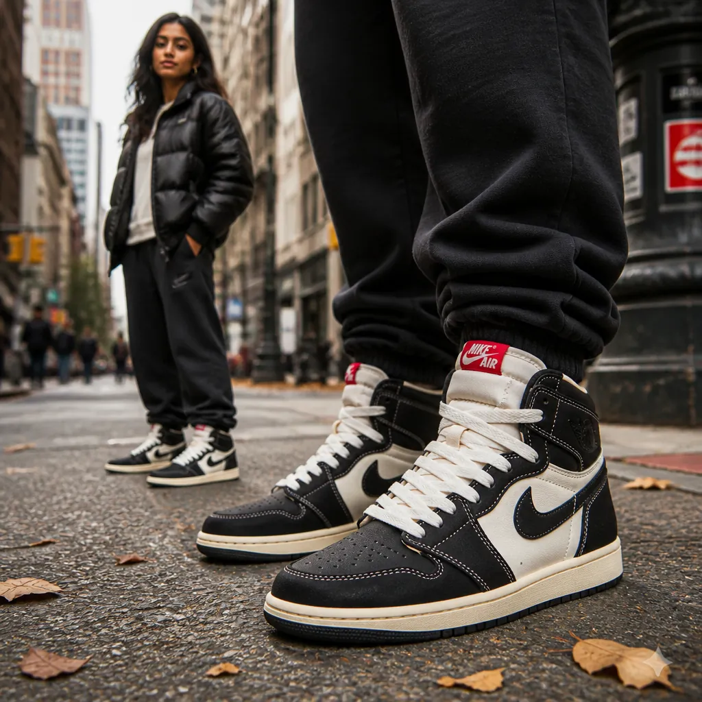 Woman in stylish streetwear featuring Air Jordan 1 Flight Club sneakers in downtown metropolitan area