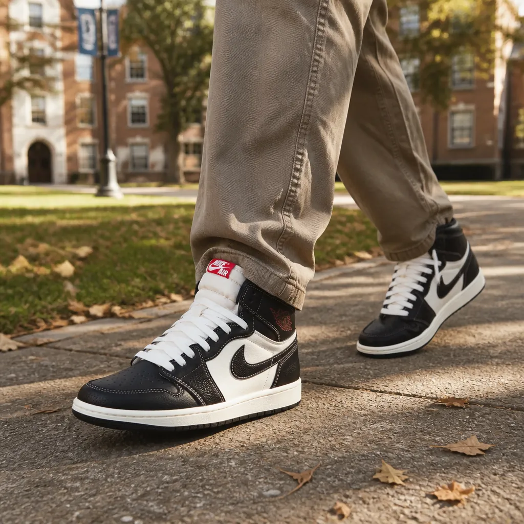 College student casually wearing Jordan Flight Club sneakers while walking on campus quad