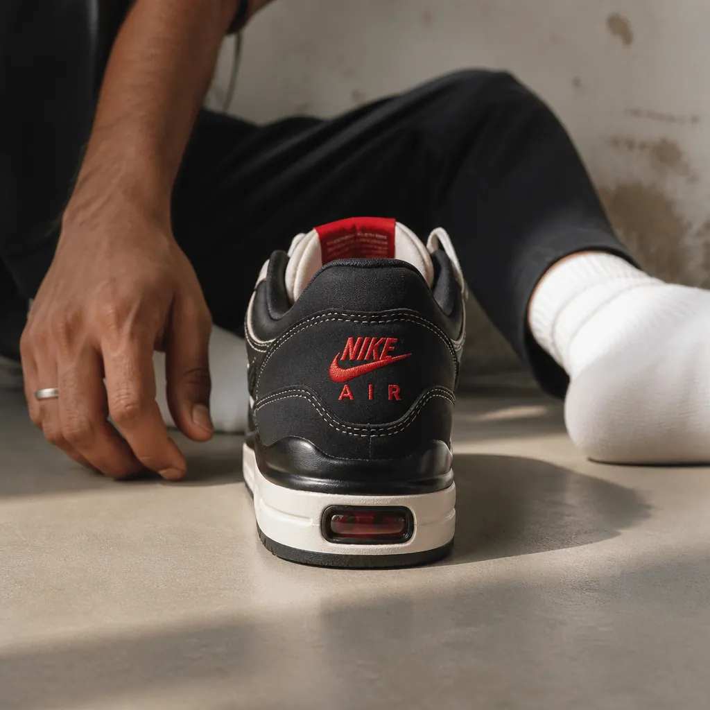 Exposed heel view showing encapsulated Nike Air-Sole cushioning unit with University Red accents