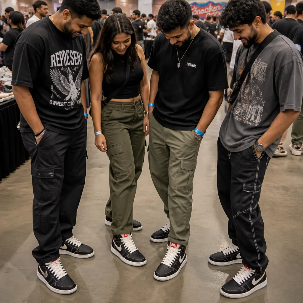 Group of friends showing off their matching Jordan Flight Club sneakers at a sneaker convention