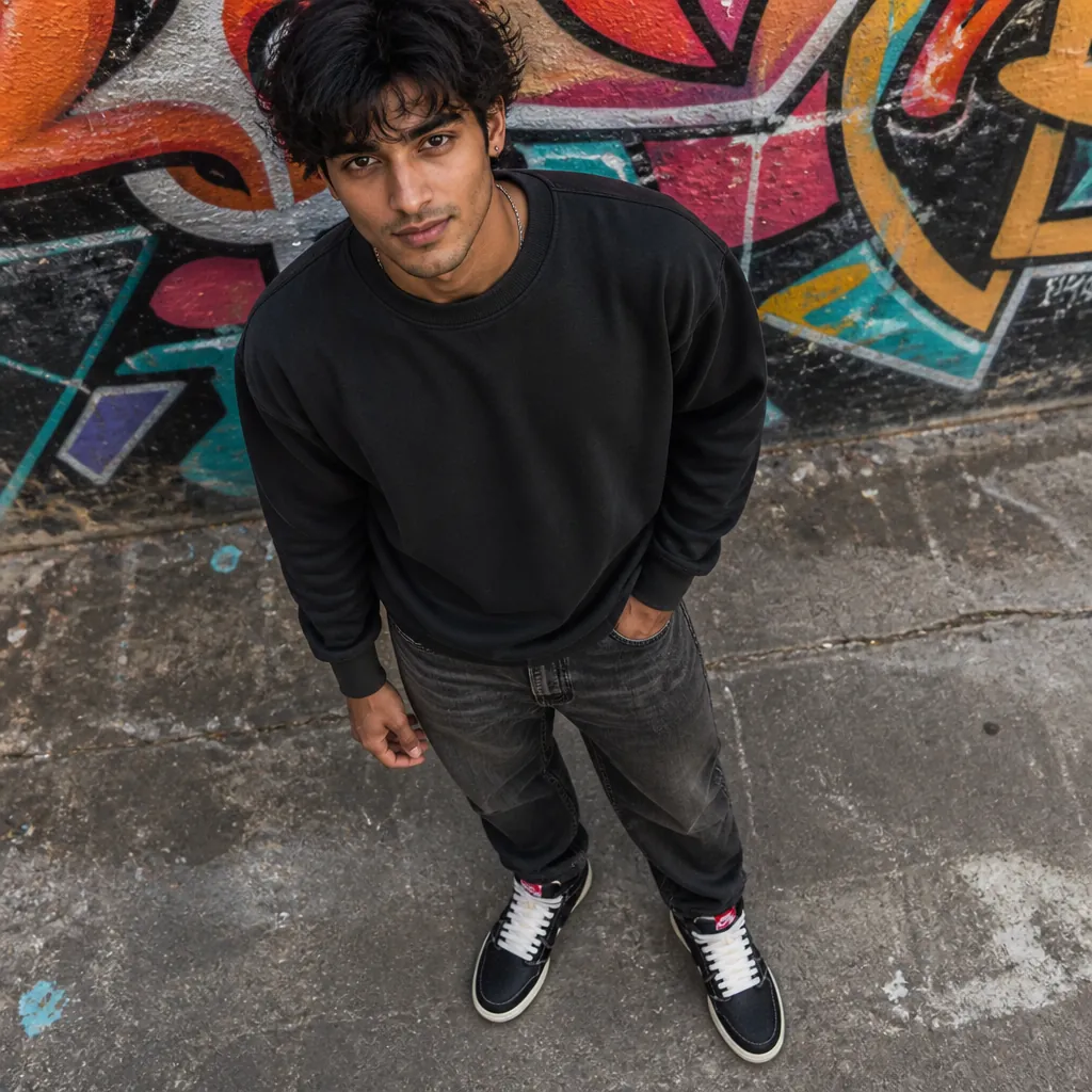 Young man wearing Air Jordan 1 Flight Club sneakers posing in urban city setting with street art background