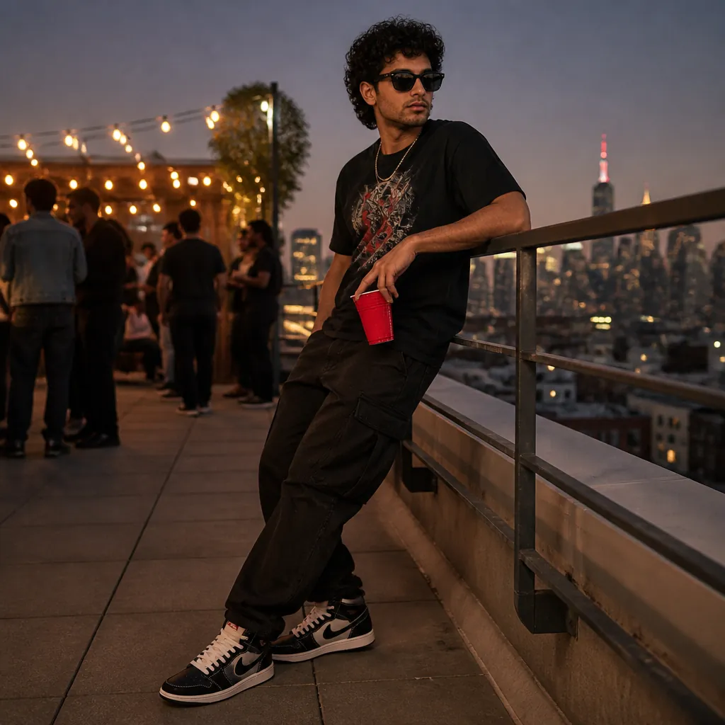 Street style influencer wearing Air Jordan 1 High OG Flight Club posing at rooftop party