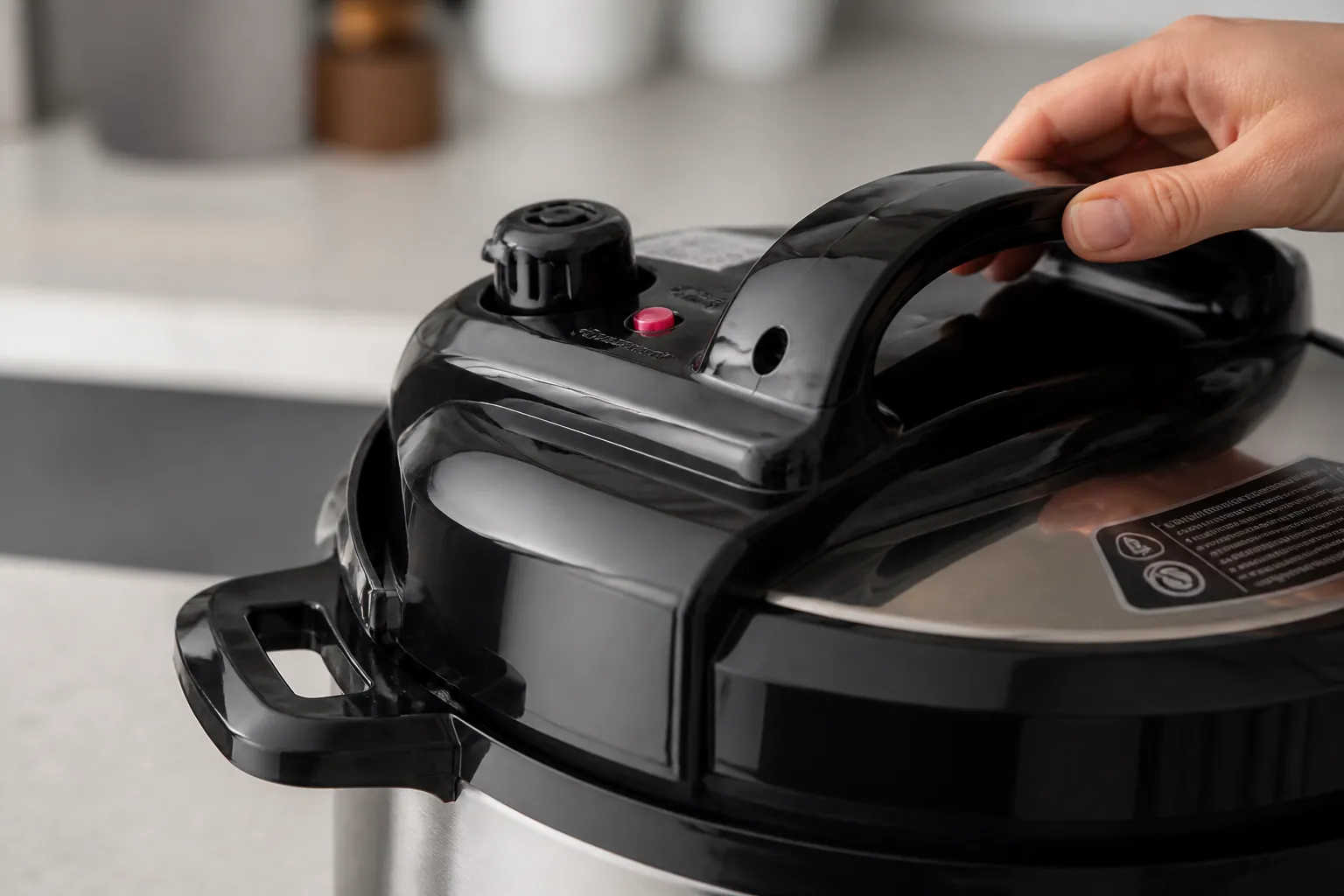 Detailed close-up shot of the pressure cooker's safety valve and overheating protection indicator light on the appliance
