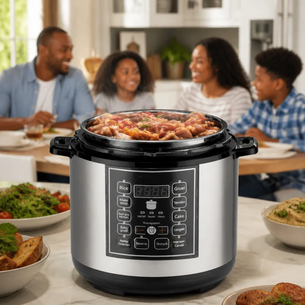 Modern bright kitchen with a family of four sitting around a dinner table, the 5L rice cooker visible on the kitchen counter with steam