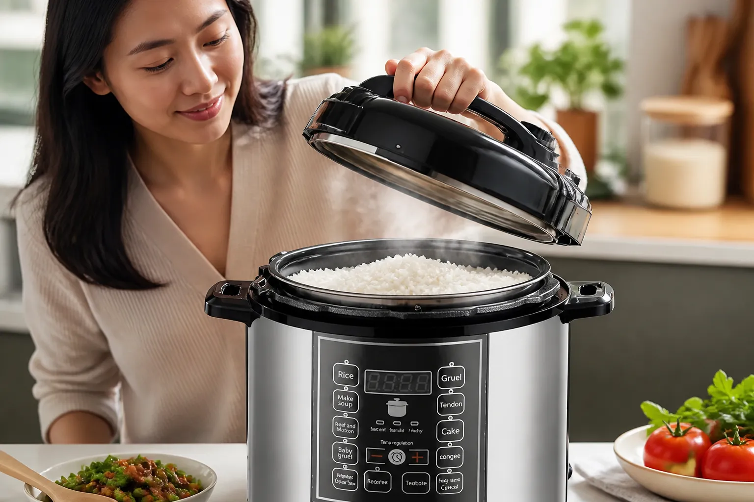 Smiling Asian woman opening the pressure cooker lid revealing perfectly cooked fluffy white rice with steam rising