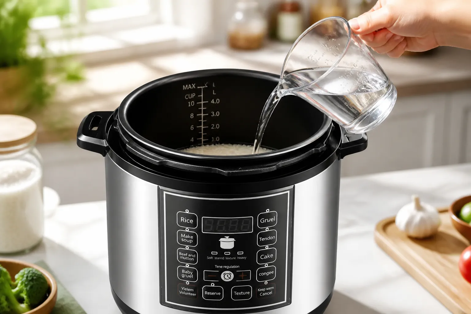 Hands adding fresh white rice and clean water into the 5L pressure cooker inner pot with measurement lines visible