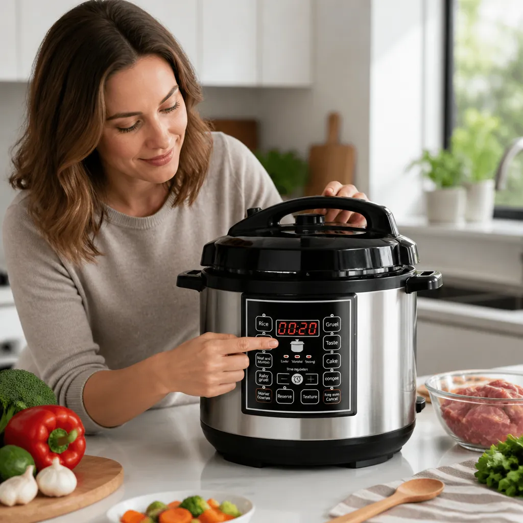 Modern kitchen with bright natural lighting showing a woman setting the timer on a smart rice cooker with LCD display, surrounded by fresh ingredients