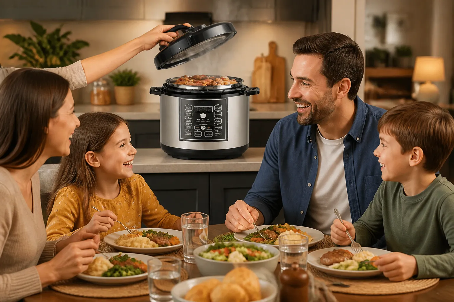 Happy family of four gathered around a dinner table with a 5 liter rice cooker on the kitchen counter behind them