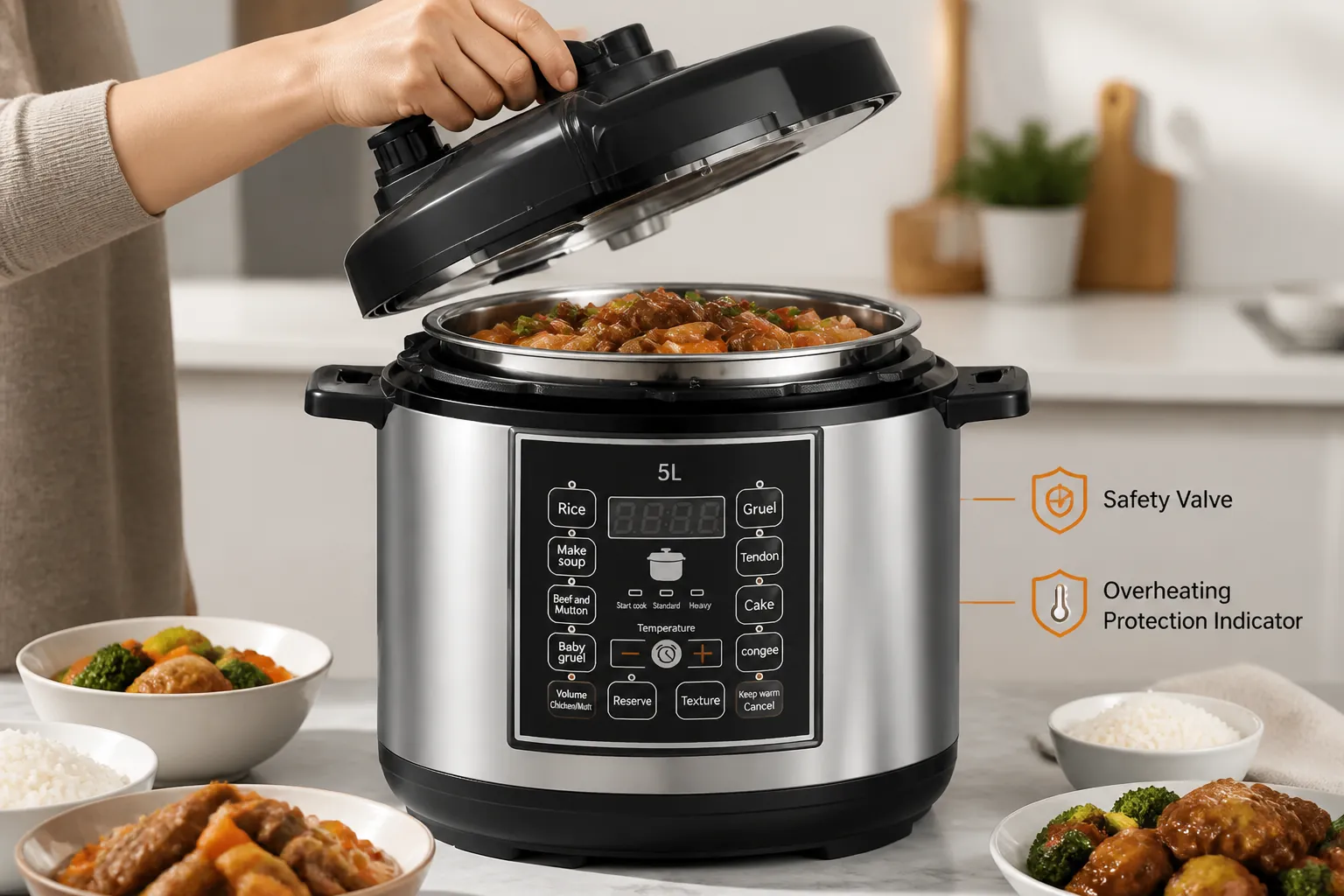 Detailed product shot focusing on the pressure cooker's safety valve, overheating protection indicator light, and quality aluminum alloy construction