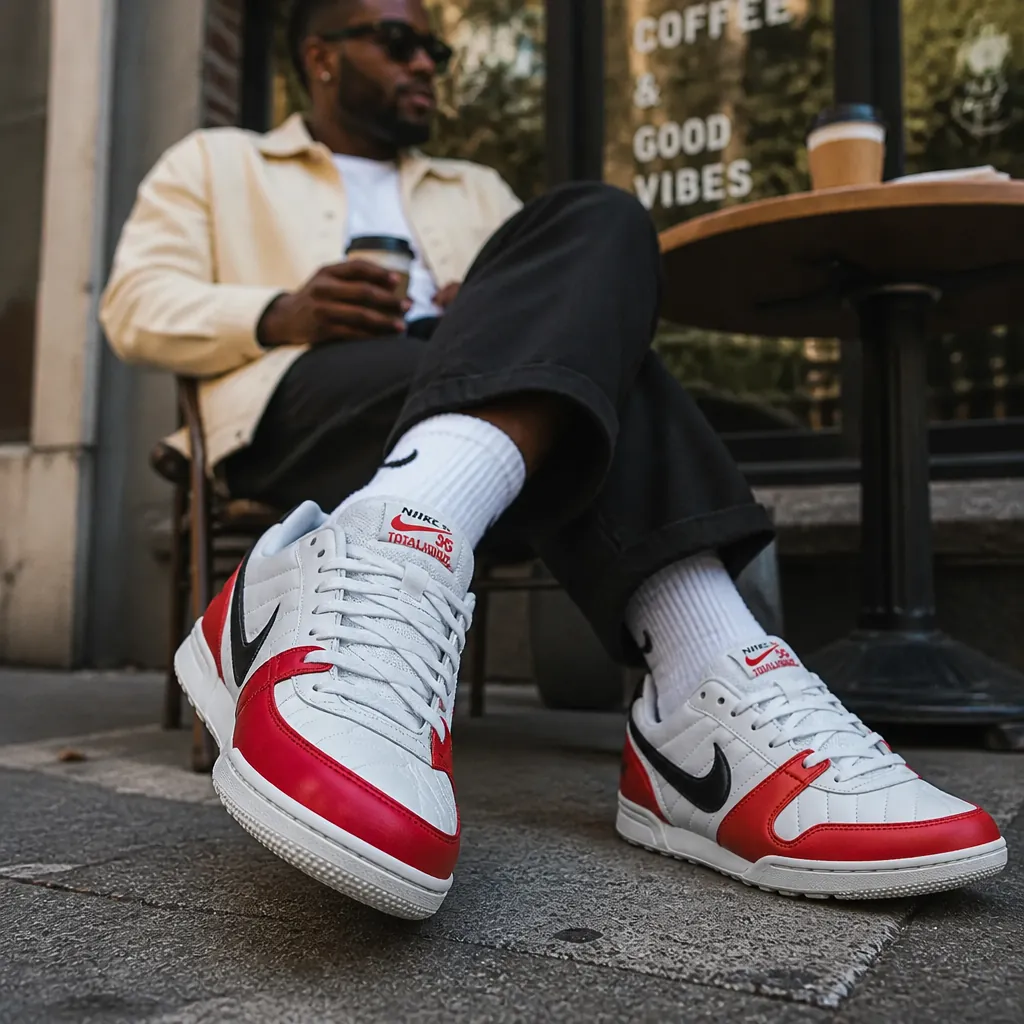 Stylish person wearing Nike Total 90 Premium sitting at a casual outdoor cafe with a coffee