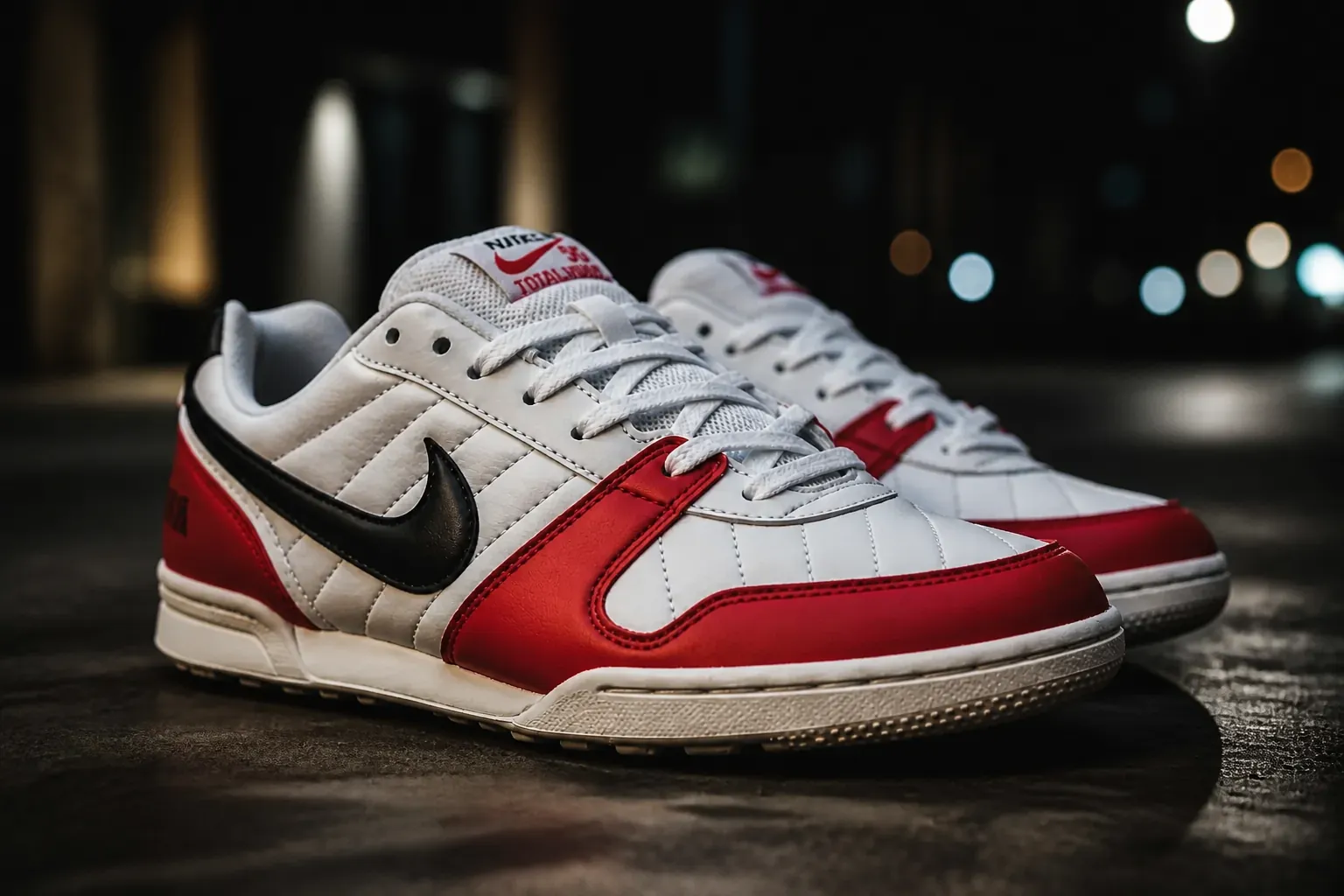 Nike Total 90 Premium sneakers displayed from a 3/4 angle with dramatic lighting, showcasing the quilted upper and heritage colorway against a dark backdrop