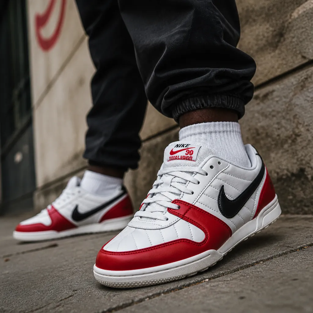 Fashion-forward individual posing in Nike Total 90 Premium against an urban wall